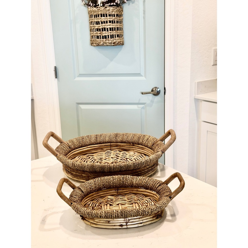 Set of 2 Woven Wicker Rattan Oval Serving Trays with Handles Natural Nesting